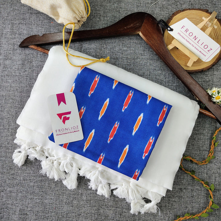White Handloom Cotton Saree With Tassels & Printed Blouse-Fronlioz