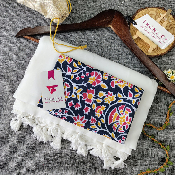 White Handloom Cotton Saree With Tassels & Printed Blouse-Fronlioz