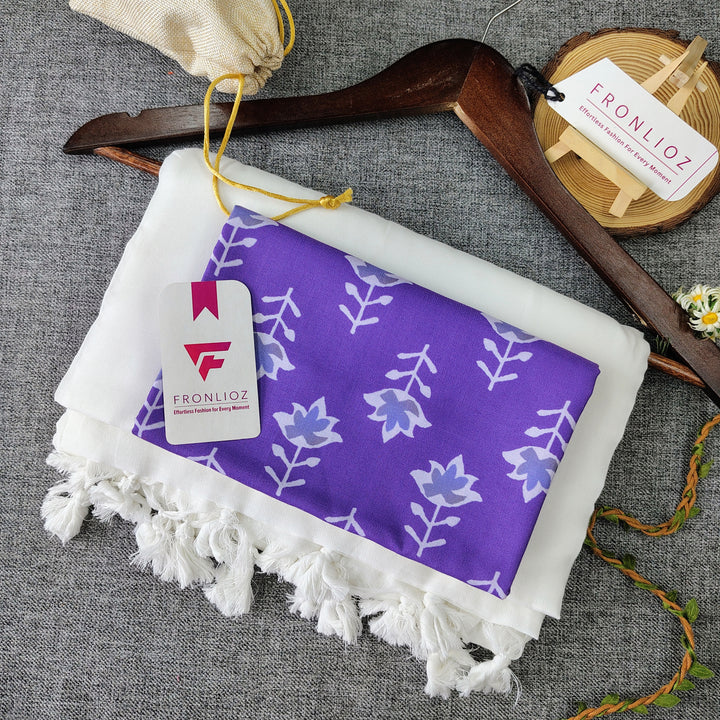White Handloom Cotton Saree With Tassels & Printed Blouse-Fronlioz