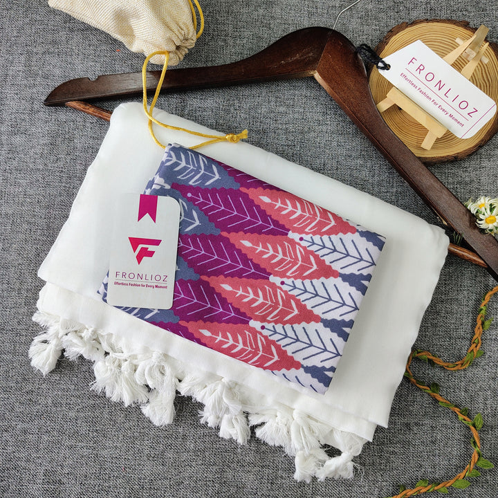White Handloom Cotton Saree With Tassels & Printed Blouse-Fronlioz