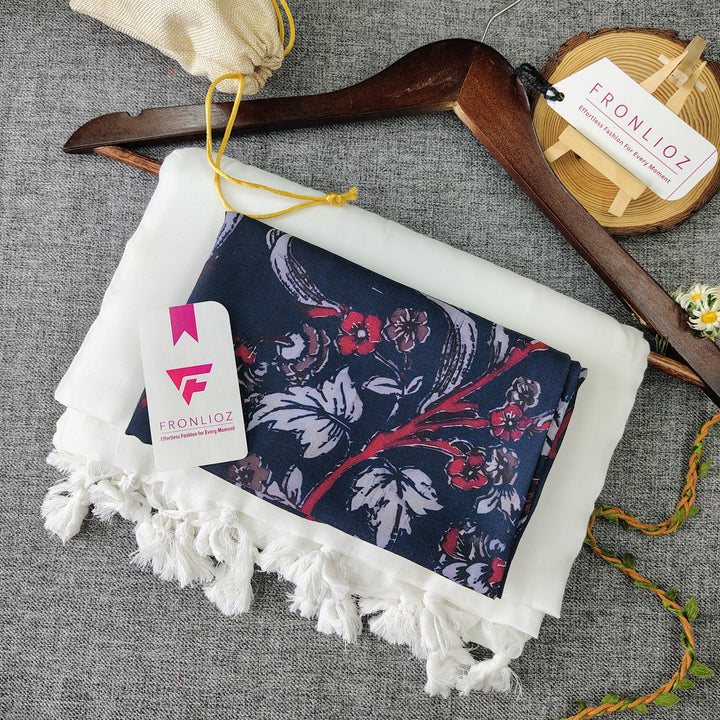 White Handloom Cotton Saree With Tassels & Printed Blouse-Fronlioz
