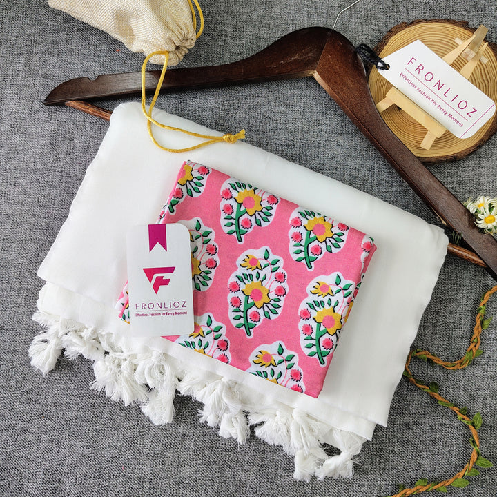 White Handloom Cotton Saree With Tassels & Printed Blouse-Fronlioz