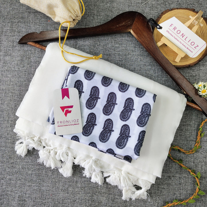 White Handloom Cotton Saree With Tassels & Printed Blouse-Fronlioz