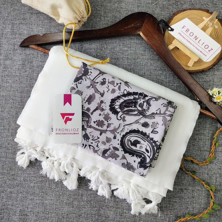 White Handloom Cotton Saree With Tassels & Printed Blouse-Fronlioz