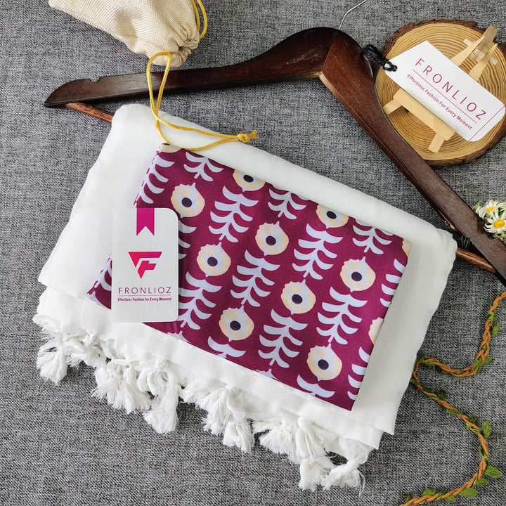 White Handloom Cotton Saree With Tassels & Printed Blouse-Fronlioz