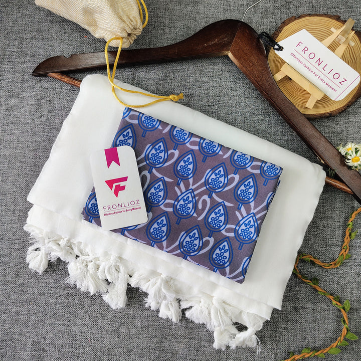 White Handloom Cotton Saree With Tassels & Printed Blouse-Fronlioz