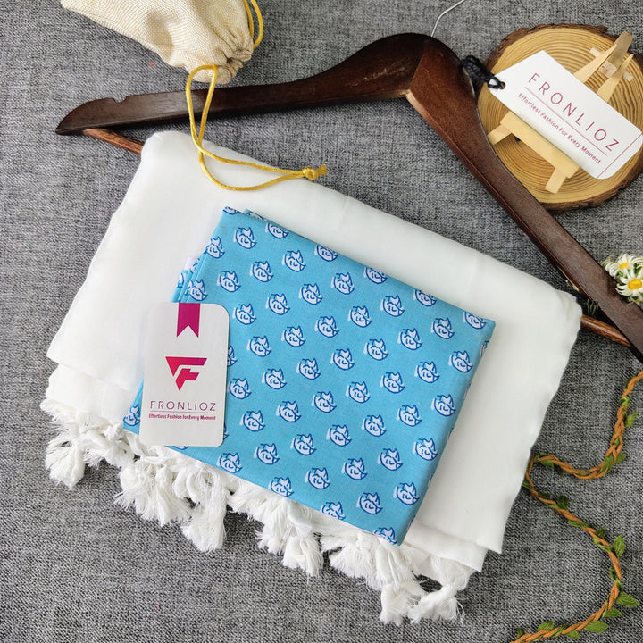 White Handloom Cotton Saree With Tassels & Printed Blouse-Fronlioz
