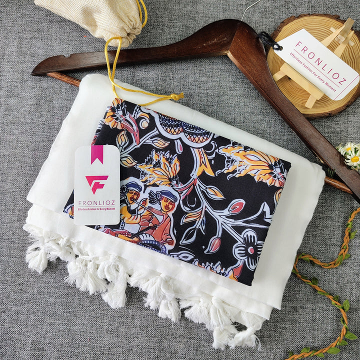 White Handloom Cotton Saree With Tassels & Printed Blouse-Fronlioz