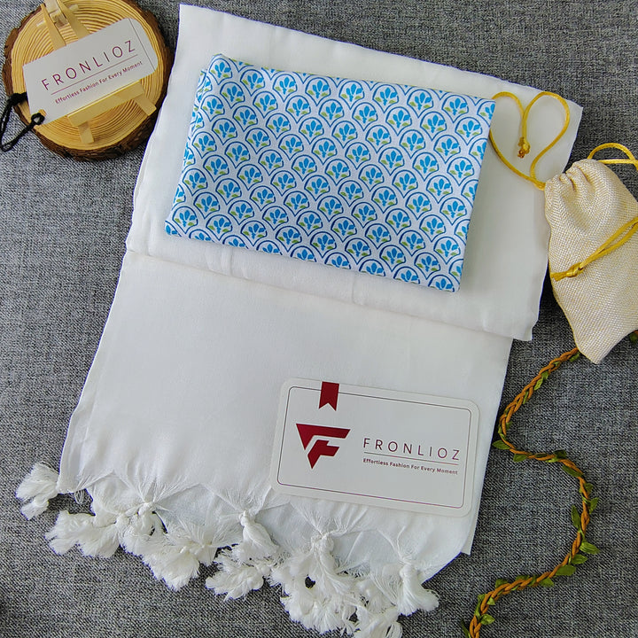 White Handloom Cotton Saree With Tassels & Printed Blouse-Fronlioz