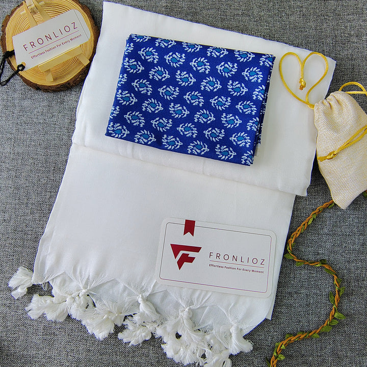 White Handloom Cotton Saree With Tassels & Printed Blouse-Fronlioz