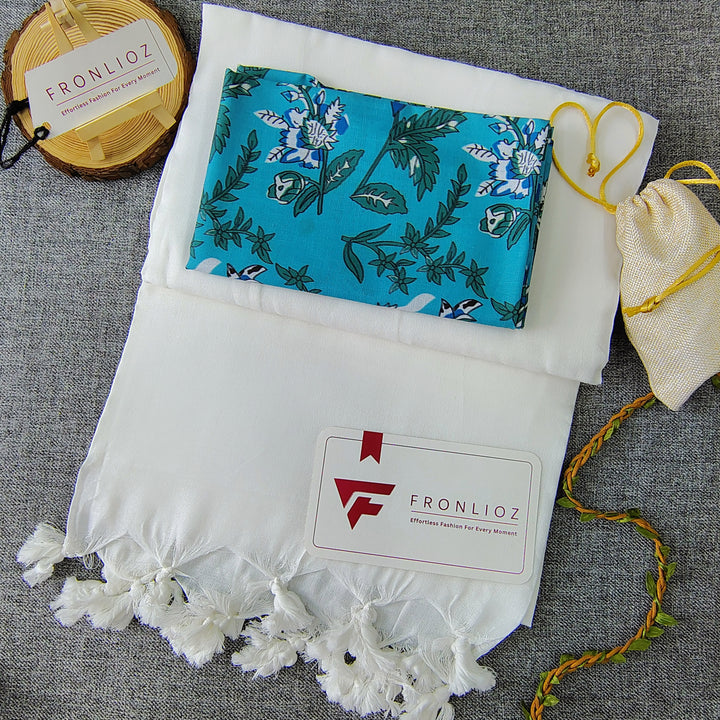 White Handloom Cotton Saree With Tassels & Printed Blouse-Fronlioz
