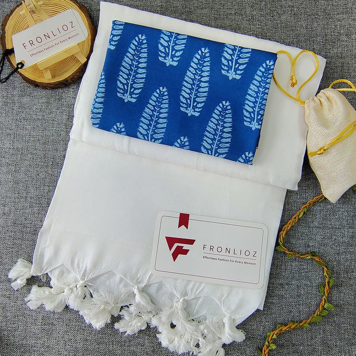 White Handloom Cotton Saree With Tassels & Printed Blouse-Fronlioz