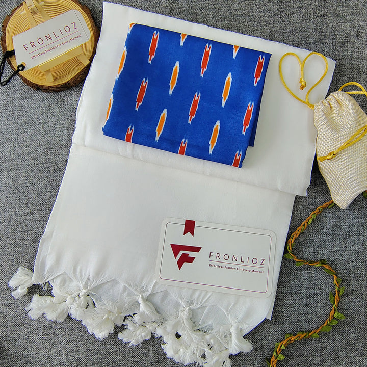White Handloom Cotton Saree With Tassels & Printed Blouse-Fronlioz
