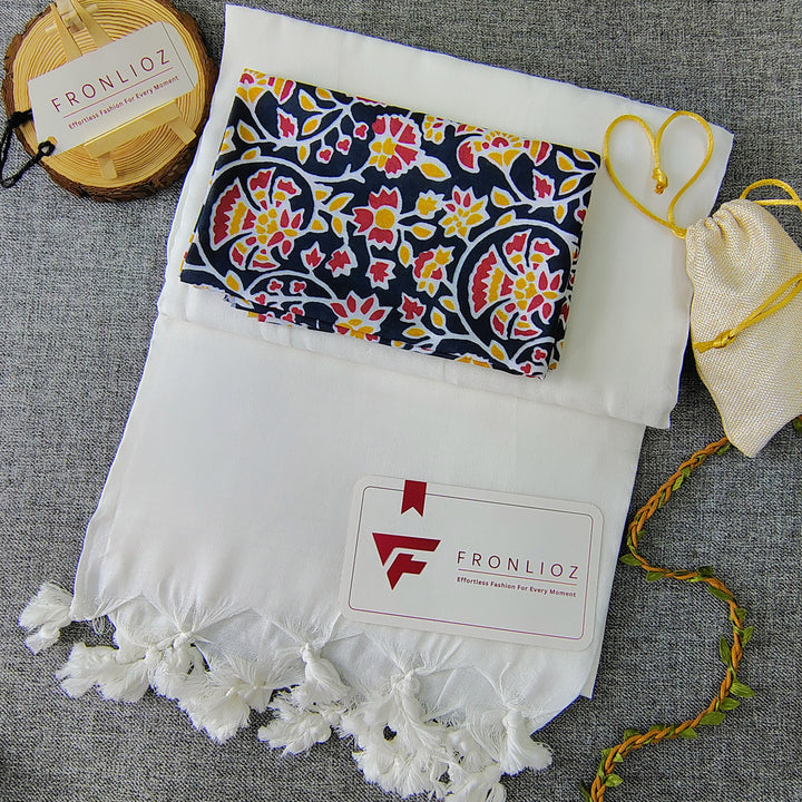 White Handloom Cotton Saree With Tassels & Printed Blouse-Fronlioz