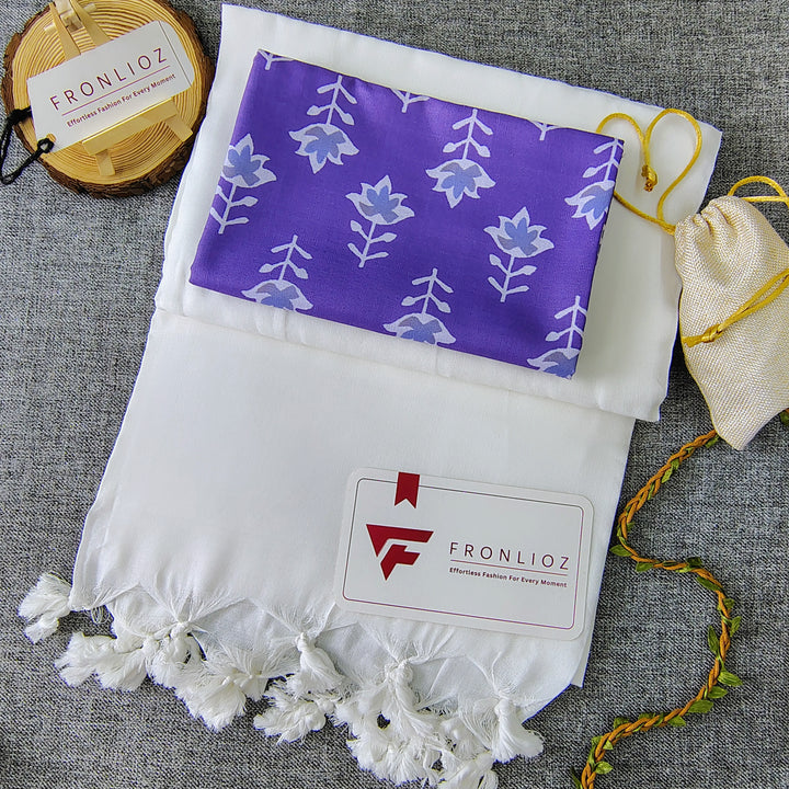 White Handloom Cotton Saree With Tassels & Printed Blouse-Fronlioz