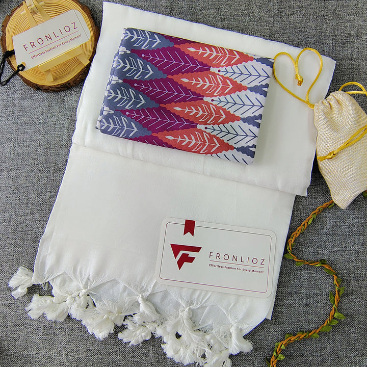 White Handloom Cotton Saree With Tassels & Printed Blouse-Fronlioz