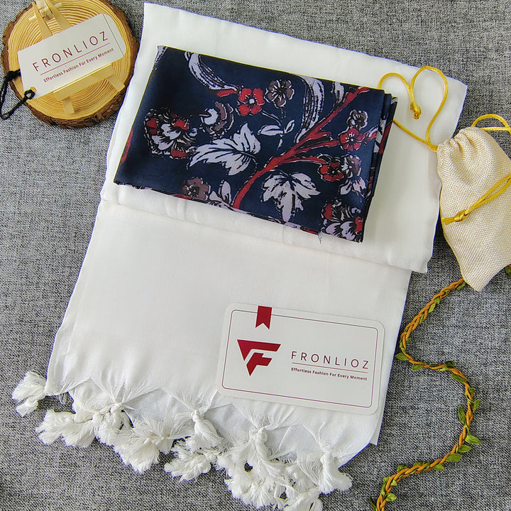 White Handloom Cotton Saree With Tassels & Printed Blouse-Fronlioz