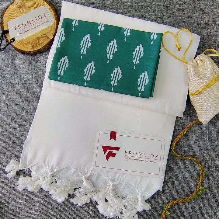 White Handloom Cotton Saree With Tassels & Printed Blouse-Fronlioz