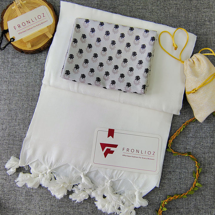 White Handloom Cotton Saree With Tassels & Printed Blouse-Fronlioz