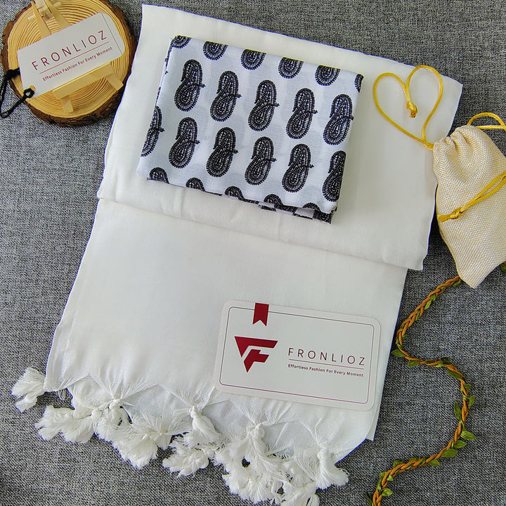 White Handloom Cotton Saree With Tassels & Printed Blouse-Fronlioz