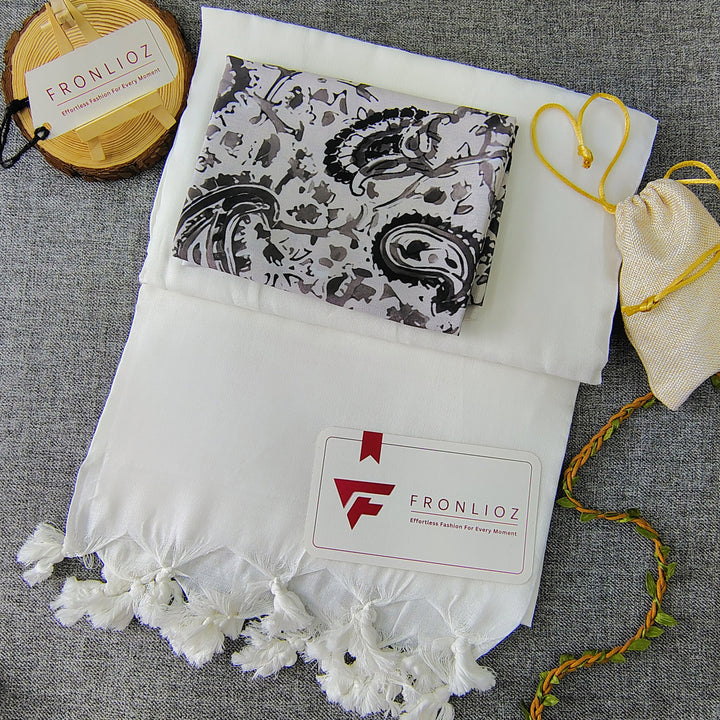 White Handloom Cotton Saree With Tassels & Printed Blouse-Fronlioz