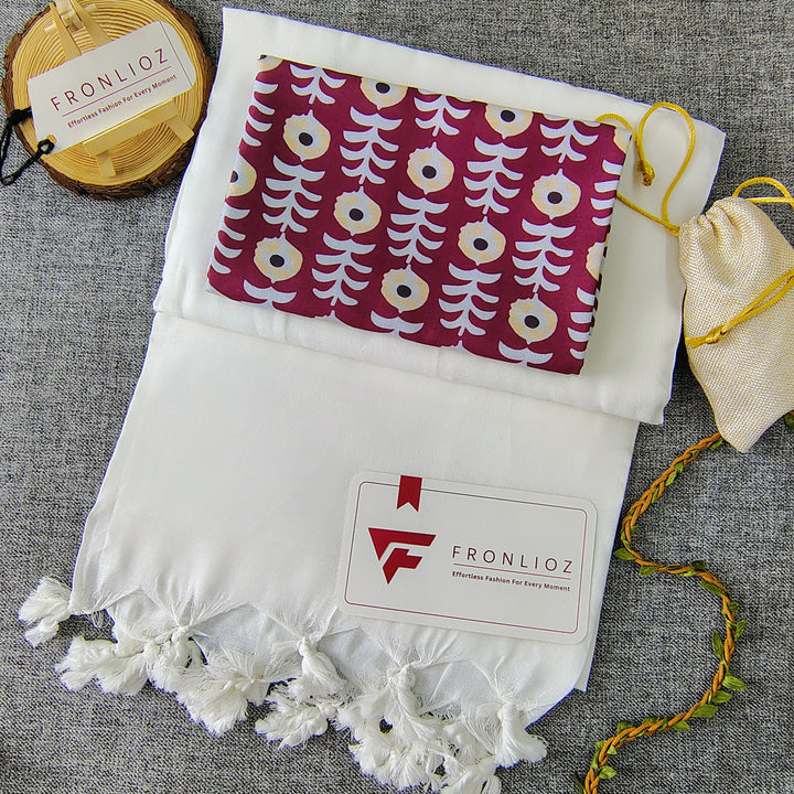 White Handloom Cotton Saree With Tassels & Printed Blouse-Fronlioz