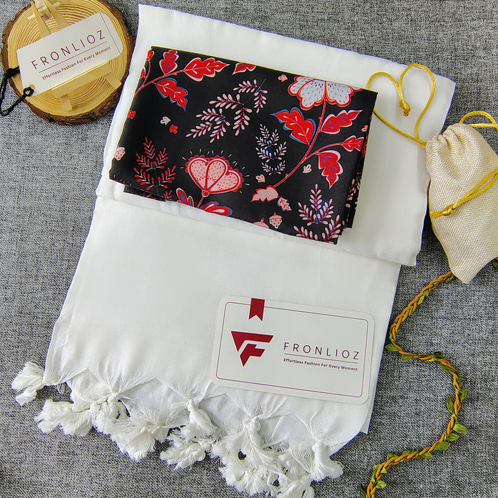 White Handloom Cotton Saree With Tassels & Printed Blouse-Fronlioz