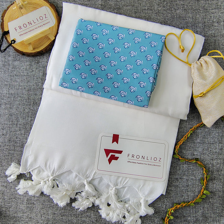 White Handloom Cotton Saree With Tassels & Printed Blouse-Fronlioz