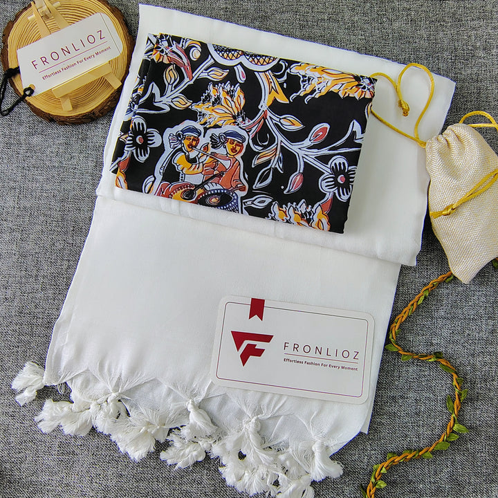 White Handloom Cotton Saree With Tassels & Printed Blouse-Fronlioz