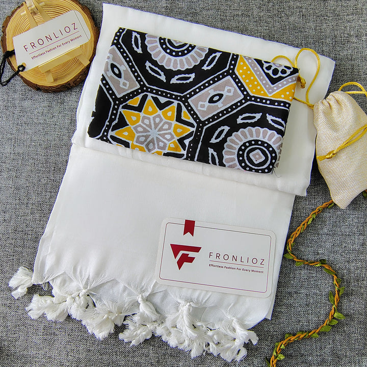 White Handloom Cotton Saree With Tassels & Printed Blouse-Fronlioz