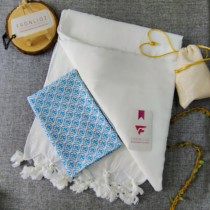 White Handloom Cotton Saree With Tassels & Printed Blouse-Fronlioz