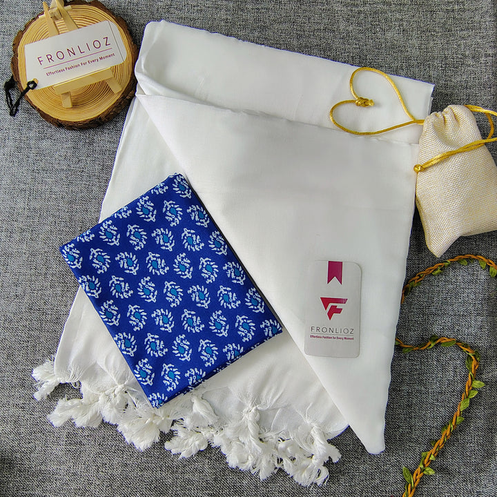 White Handloom Cotton Saree With Tassels & Printed Blouse-Fronlioz