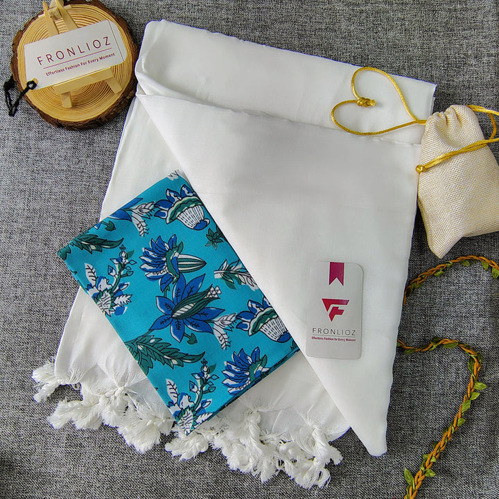 White Handloom Cotton Saree With Tassels & Printed Blouse-Fronlioz