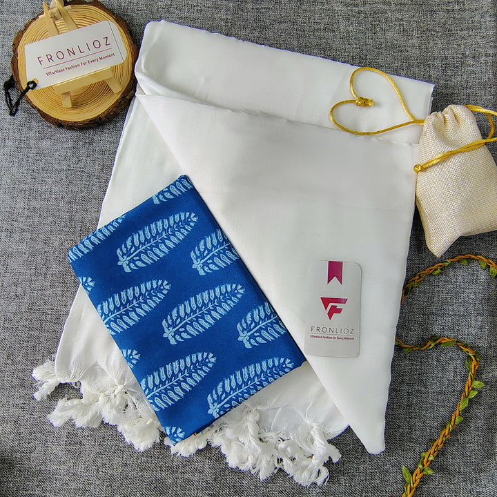 White Handloom Cotton Saree With Tassels & Printed Blouse-Fronlioz