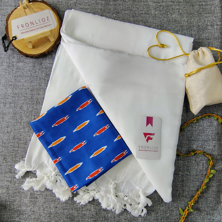 White Handloom Cotton Saree With Tassels & Printed Blouse-Fronlioz