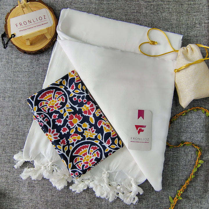 White Handloom Cotton Saree With Tassels & Printed Blouse-Fronlioz