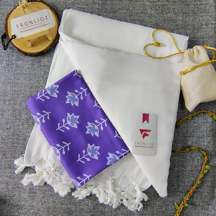 White Handloom Cotton Saree With Tassels & Printed Blouse-Fronlioz