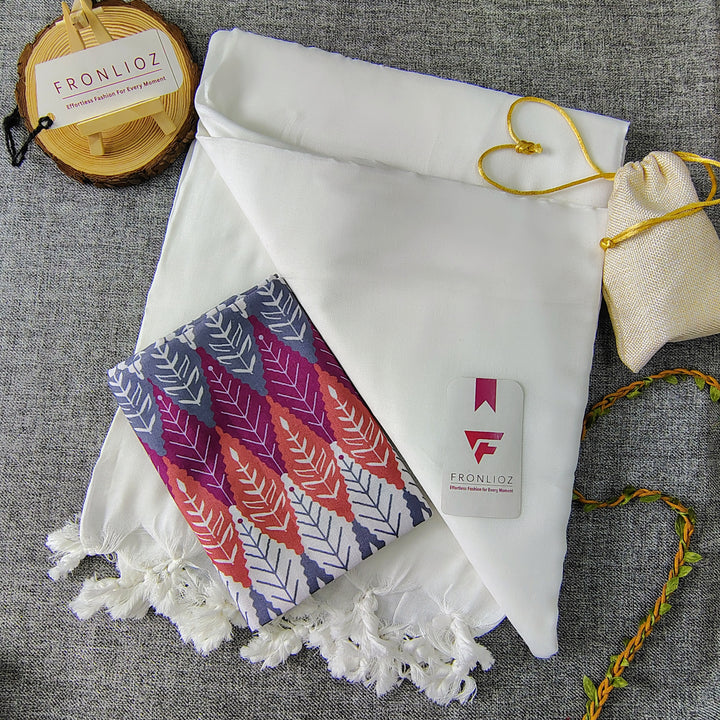 White Handloom Cotton Saree With Tassels & Printed Blouse-Fronlioz