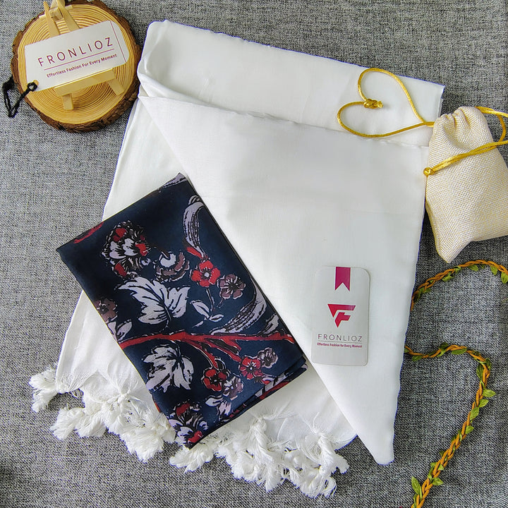 White Handloom Cotton Saree With Tassels & Printed Blouse-Fronlioz
