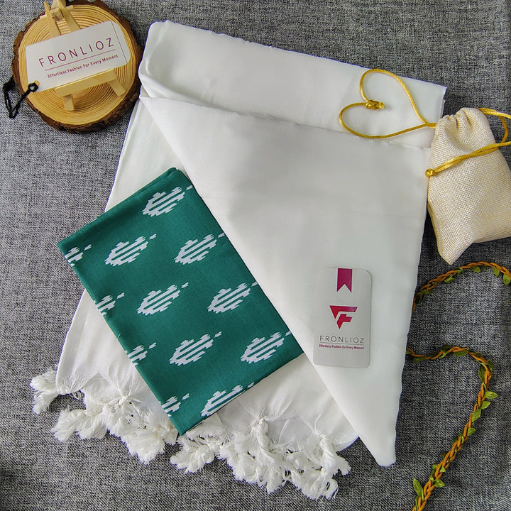 White Handloom Cotton Saree With Tassels & Printed Blouse-Fronlioz