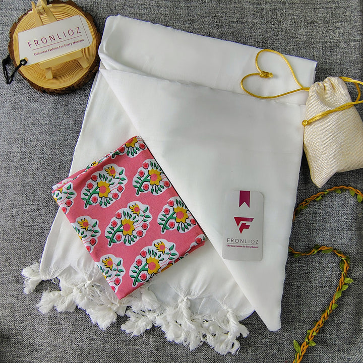 White Handloom Cotton Saree With Tassels & Printed Blouse-Fronlioz