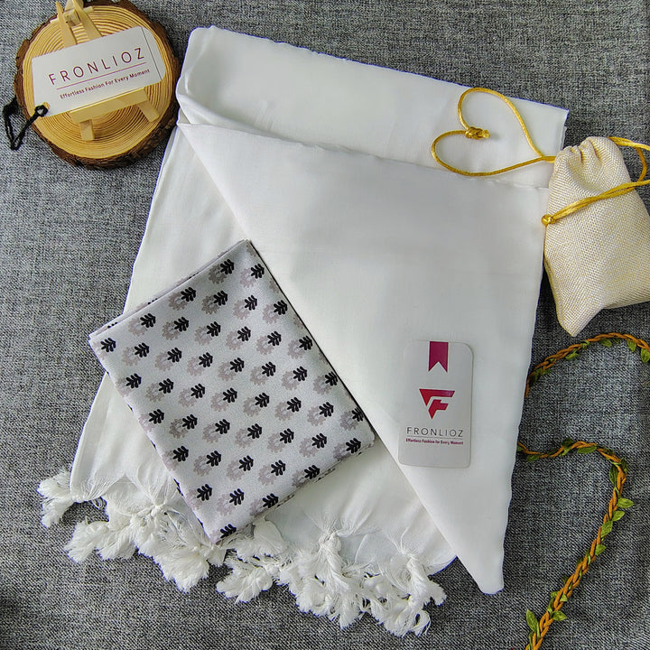 White Handloom Cotton Saree With Tassels & Printed Blouse-Fronlioz