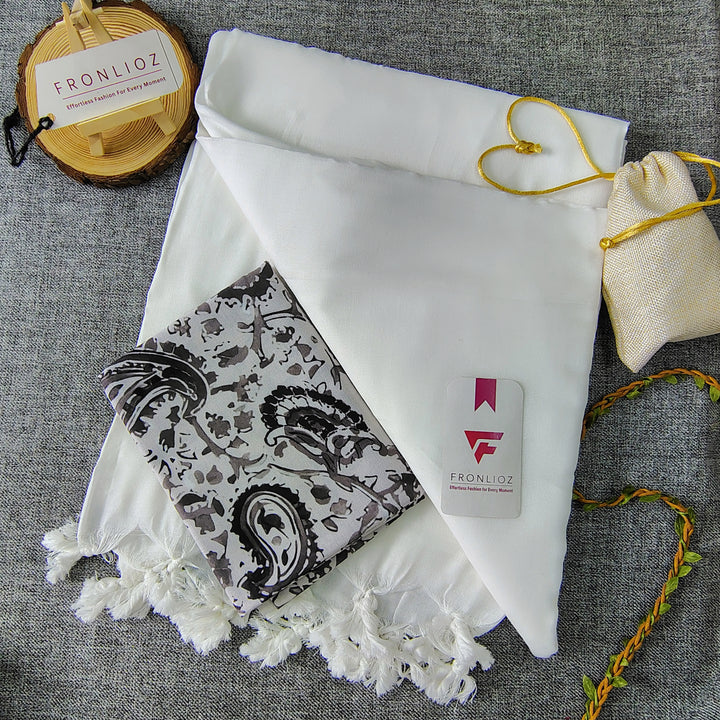 White Handloom Cotton Saree With Tassels & Printed Blouse-Fronlioz