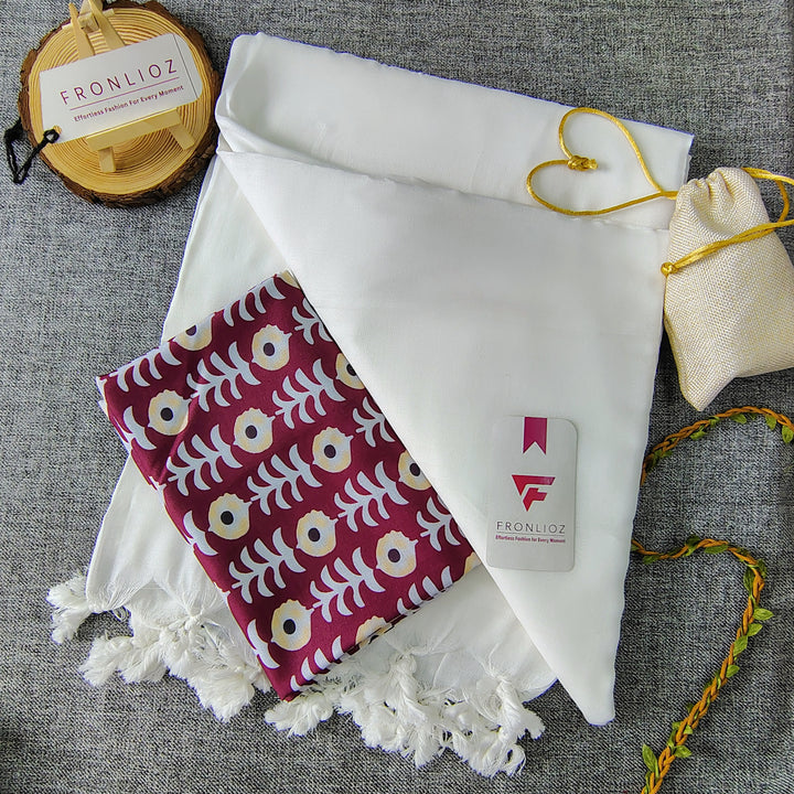 White Handloom Cotton Saree With Tassels & Printed Blouse-Fronlioz