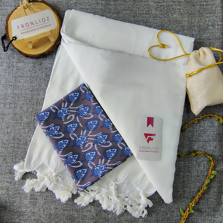 White Handloom Cotton Saree With Tassels & Printed Blouse-Fronlioz
