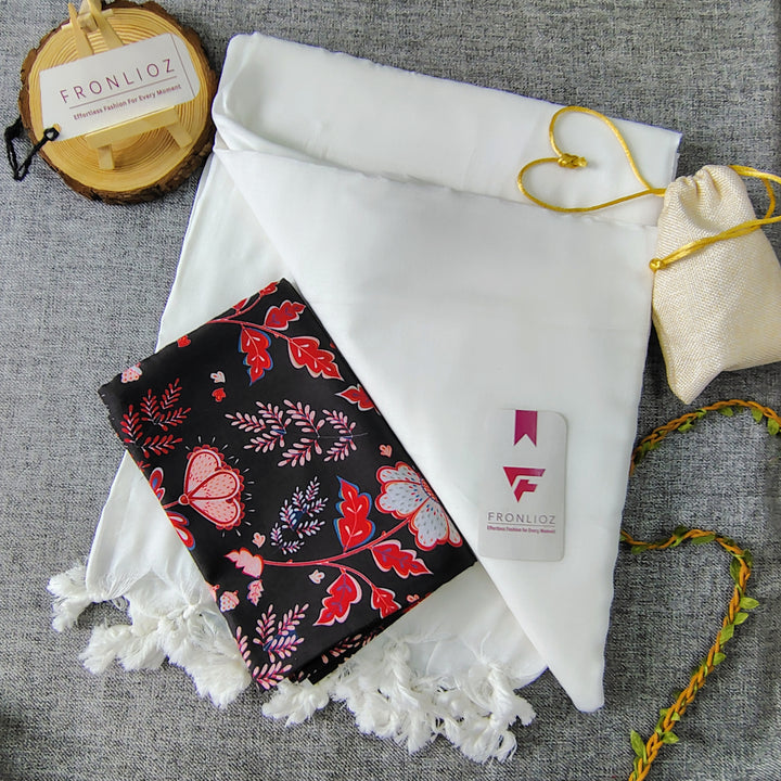 White Handloom Cotton Saree With Tassels & Printed Blouse-Fronlioz