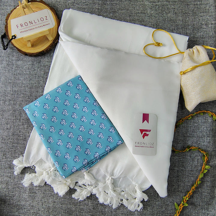White Handloom Cotton Saree With Tassels & Printed Blouse-Fronlioz