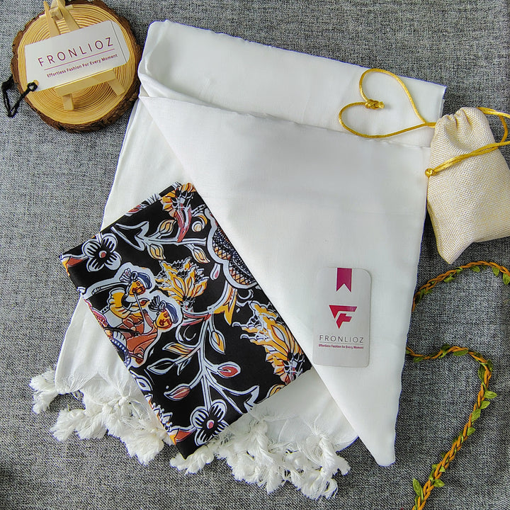 White Handloom Cotton Saree With Tassels & Printed Blouse-Fronlioz