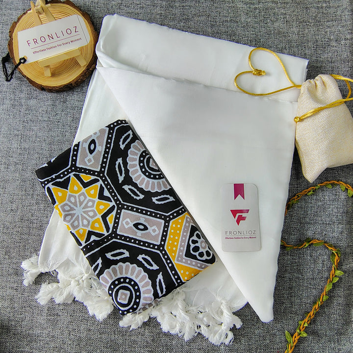 White Handloom Cotton Saree With Tassels & Printed Blouse-Fronlioz