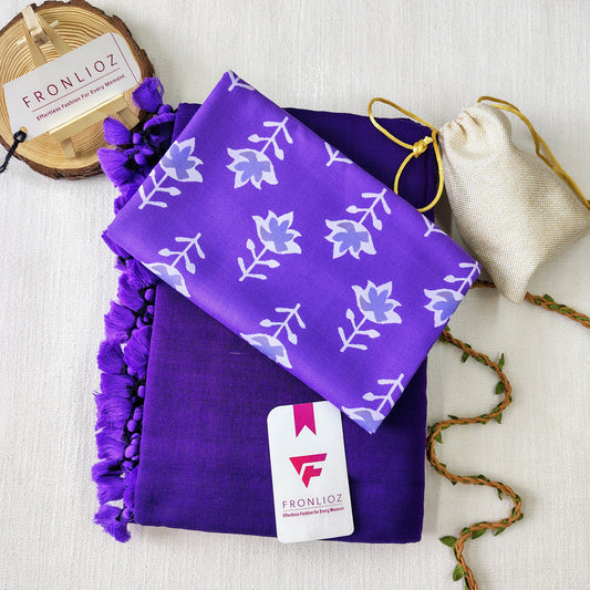 Violet Handloom Cotton Saree With Tassels & Printed Blouse-Fronlioz